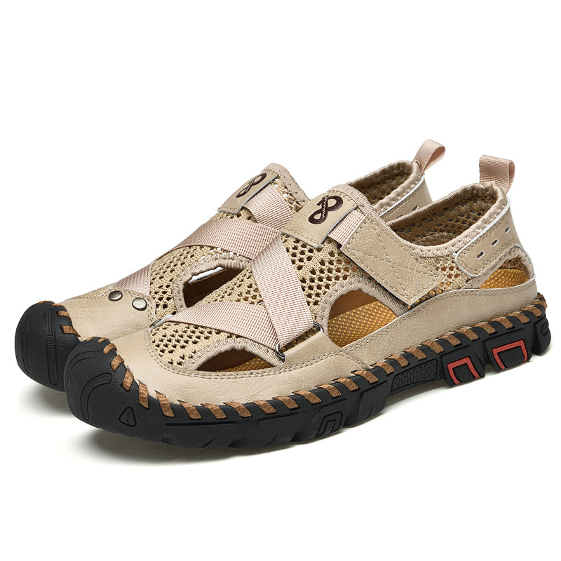 Men's Leather Mesh Breathable Closed-Toe Non-Slip Outdoor Sandals