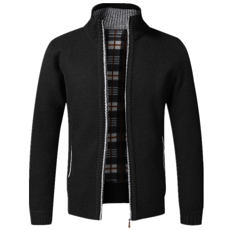 Men's Knitted Warm Slim Fit Stand Collar Zipper Cardigan Sweater Jacket  Flannel Lining