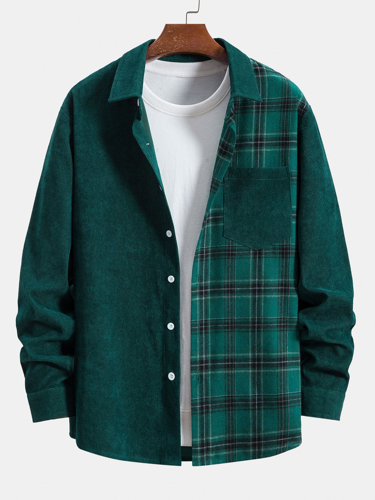 Long Sleeve Plaid Corduroy Patchwork Shirt