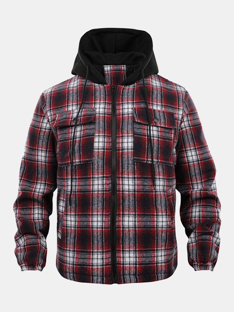 Thickened Jacket Quilted Lined Flannel Hooded Plaid Coat for Men Autumn and Winter