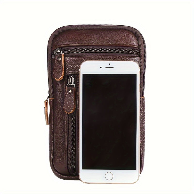 Men's Genuine Leather Crossbody Bag Outdoor Sports Phone Bag, Wearable Belt Waist Bag, Multifunctional Zipper Shoulder Bag