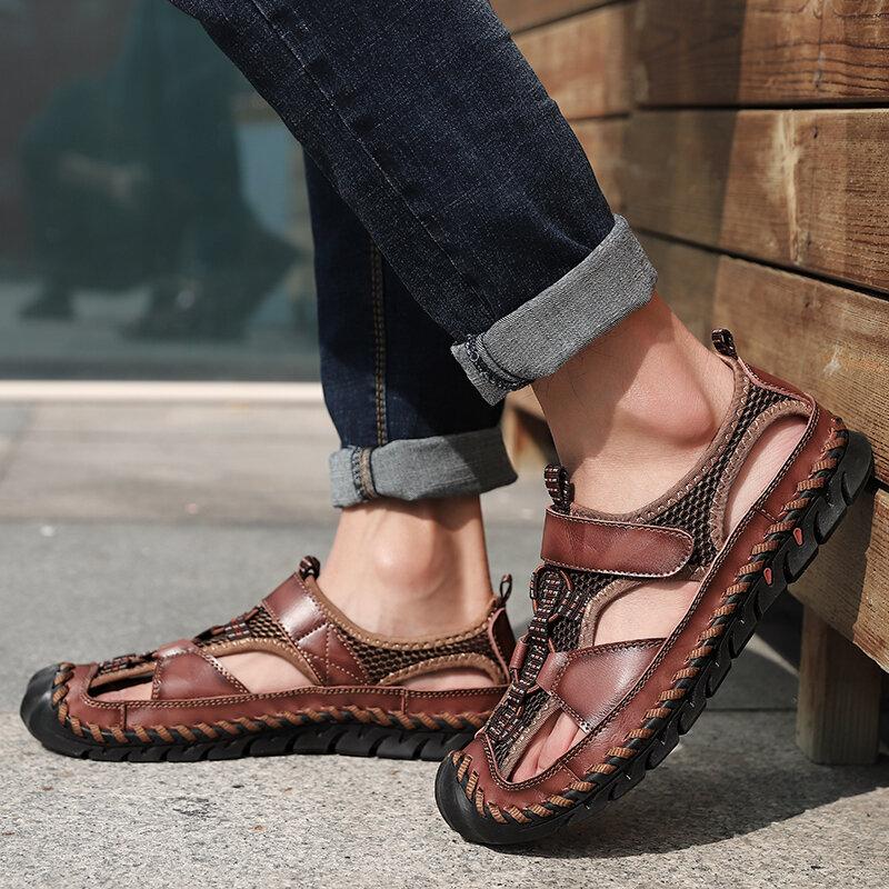 Aliders Men's Closed Toe Hand Stitching Outdoor Non Slip Dress Leather Sandals