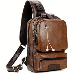 Retro PU Leather Men's Women's Chest Bag With Earphone Port Business Student Commuter Crossbody Bag