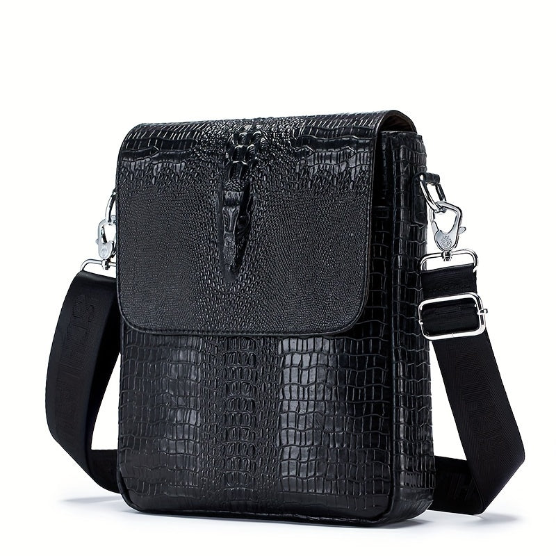 Genuine Leather Men's Crocodile Grain Shoulder Bag Head Layer Cowhide Vintage Men's Crossbody Bag