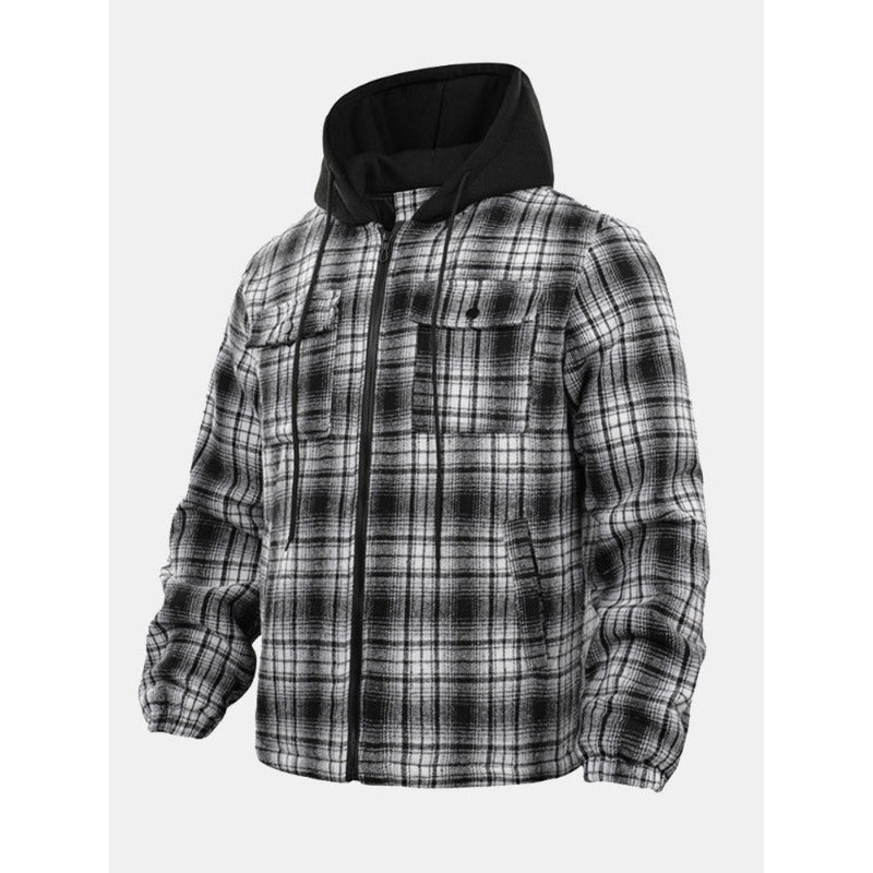 Thickened Jacket Quilted Lined Flannel Hooded Plaid Coat for Men Autumn and Winter