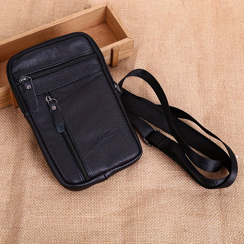 Men's Genuine Leather Crossbody Bag Outdoor Sports Phone Bag, Wearable Belt Waist Bag, Multifunctional Zipper Shoulder Bag