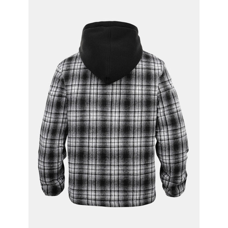 Thickened Jacket Quilted Lined Flannel Hooded Plaid Coat for Men Autumn and Winter