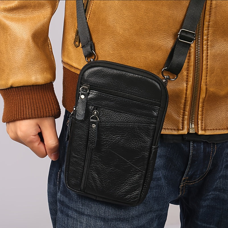 Men's Genuine Leather Crossbody Bag Outdoor Sports Phone Bag, Wearable Belt Waist Bag, Multifunctional Zipper Shoulder Bag