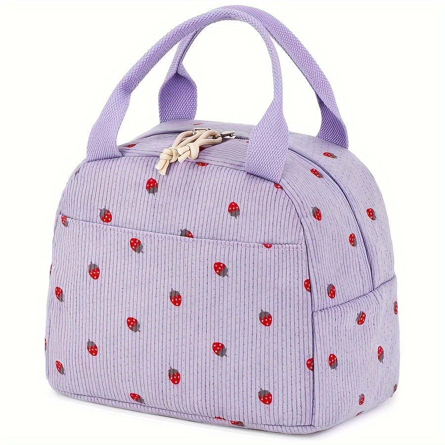 NOVUXY Insulated Corduroy Lunch Bag for Women and Men, Cute Strawberry Design, Reusable Thermal Tote, Large Capacity Cooler for Work, Picnic, Travel - Hand Washable Cylinder Shape Lunch Box