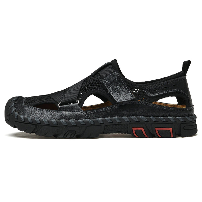 Men's Leather Mesh Breathable Closed-Toe Non-Slip Outdoor Sandals