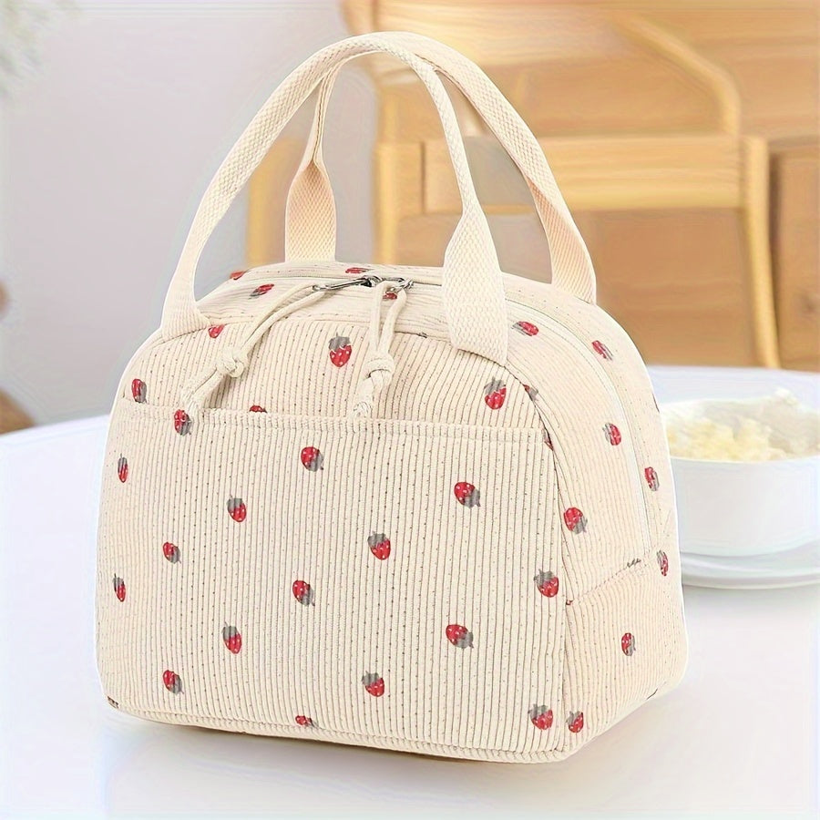 NOVUXY Insulated Corduroy Lunch Bag for Women and Men, Cute Strawberry Design, Reusable Thermal Tote, Large Capacity Cooler for Work, Picnic, Travel - Hand Washable Cylinder Shape Lunch Box