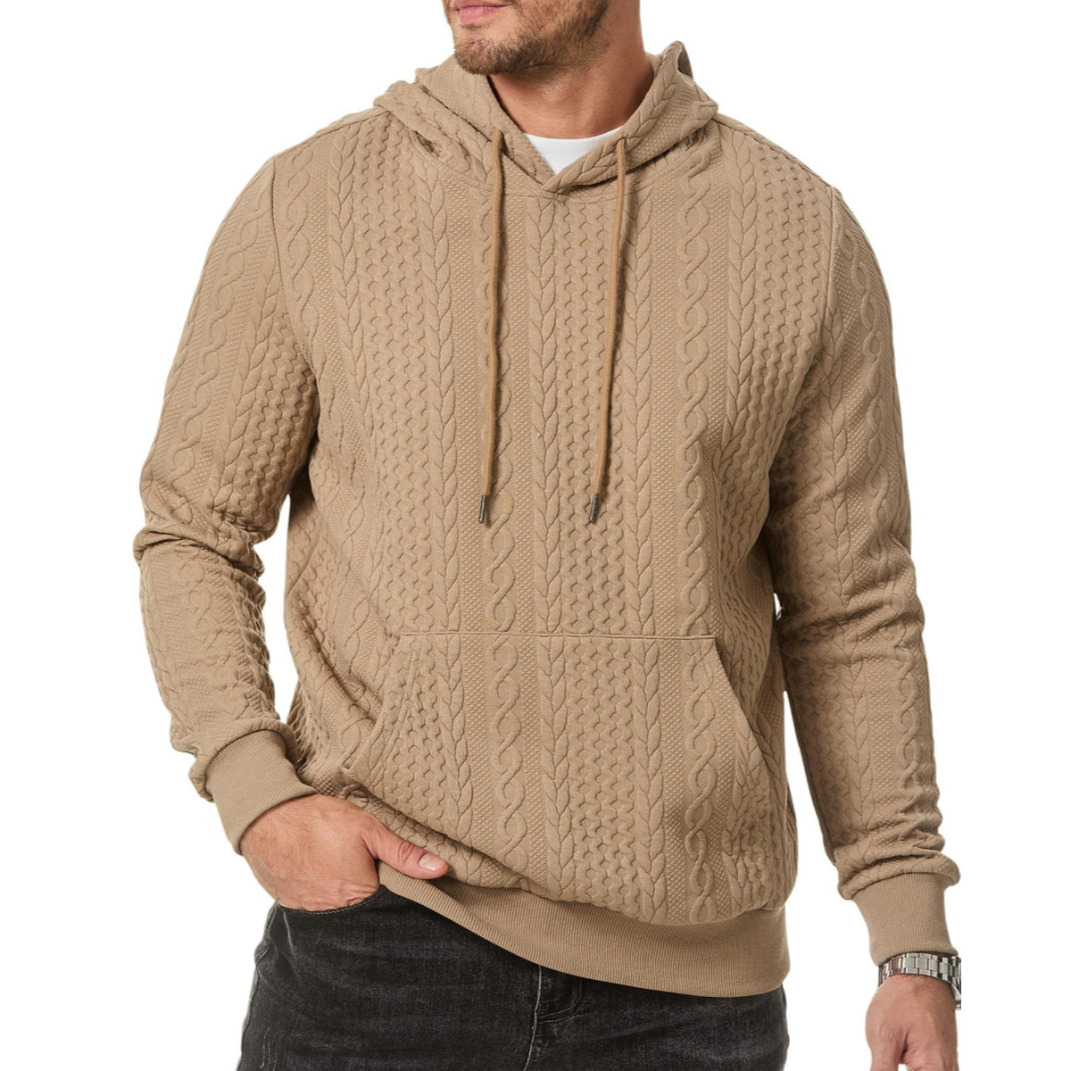 Men's Casual Pullover Textured Hoodie Drawstring Hooded Sweatshirt