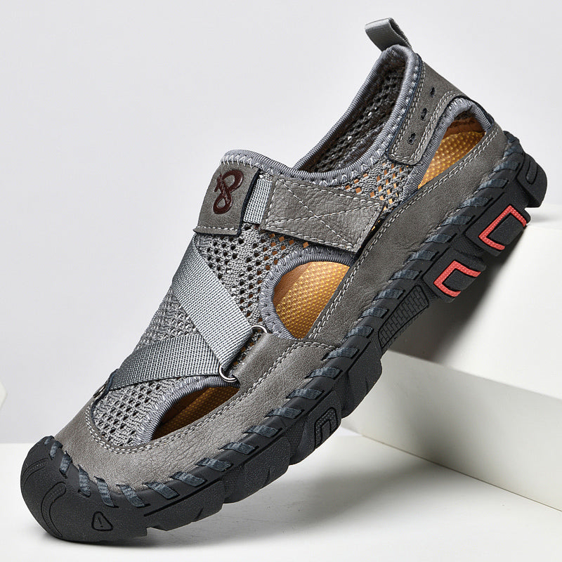 Men's Leather Mesh Breathable Closed-Toe Non-Slip Outdoor Sandals