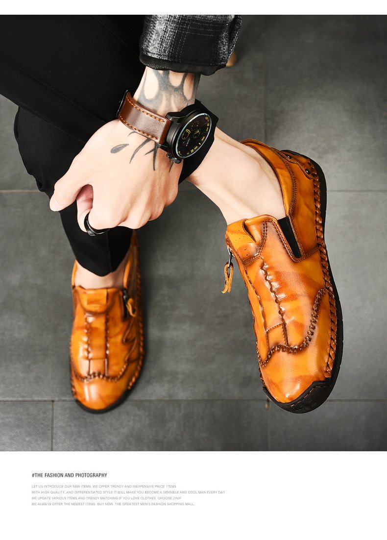 Men Side Zipper Comfy Hand Stitching Casual Leather Shoes