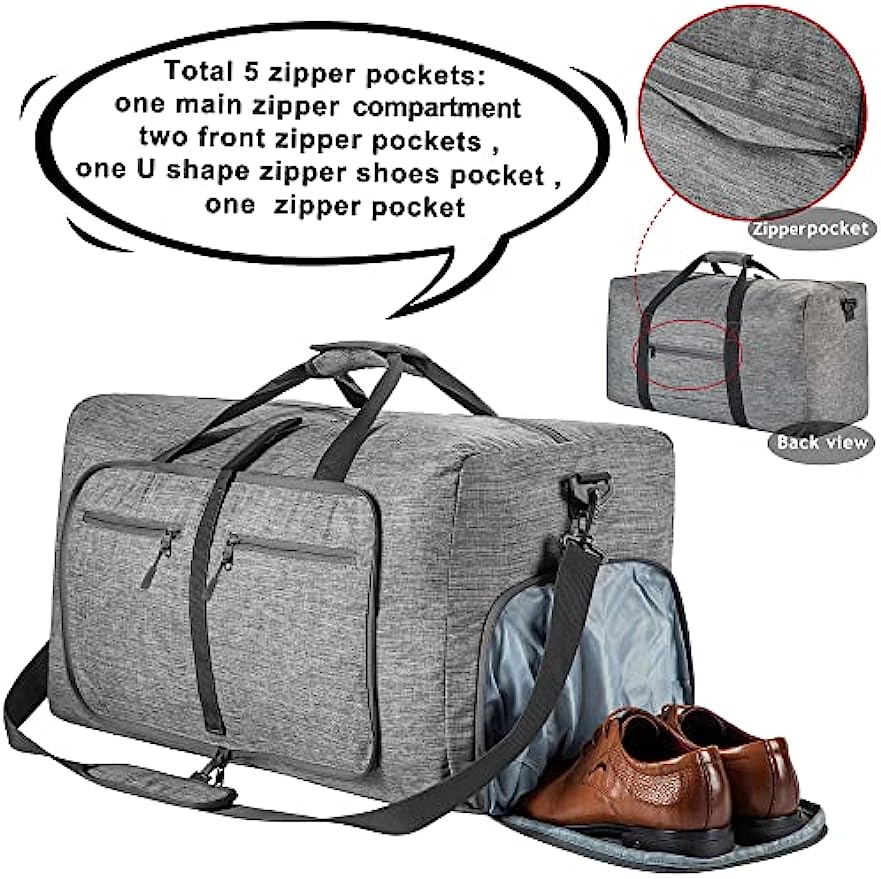 Men's Foldable Travel Duffle Bag with Shoe Compartment Waterproof Ripstop Travel Duffle Bag