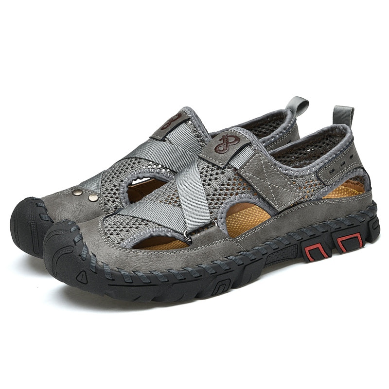 Men's Leather Mesh Breathable Closed-Toe Non-Slip Outdoor Sandals