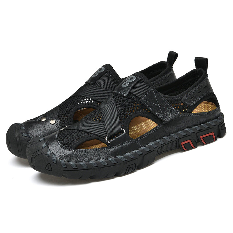 Men's Leather Mesh Breathable Closed-Toe Non-Slip Outdoor Sandals