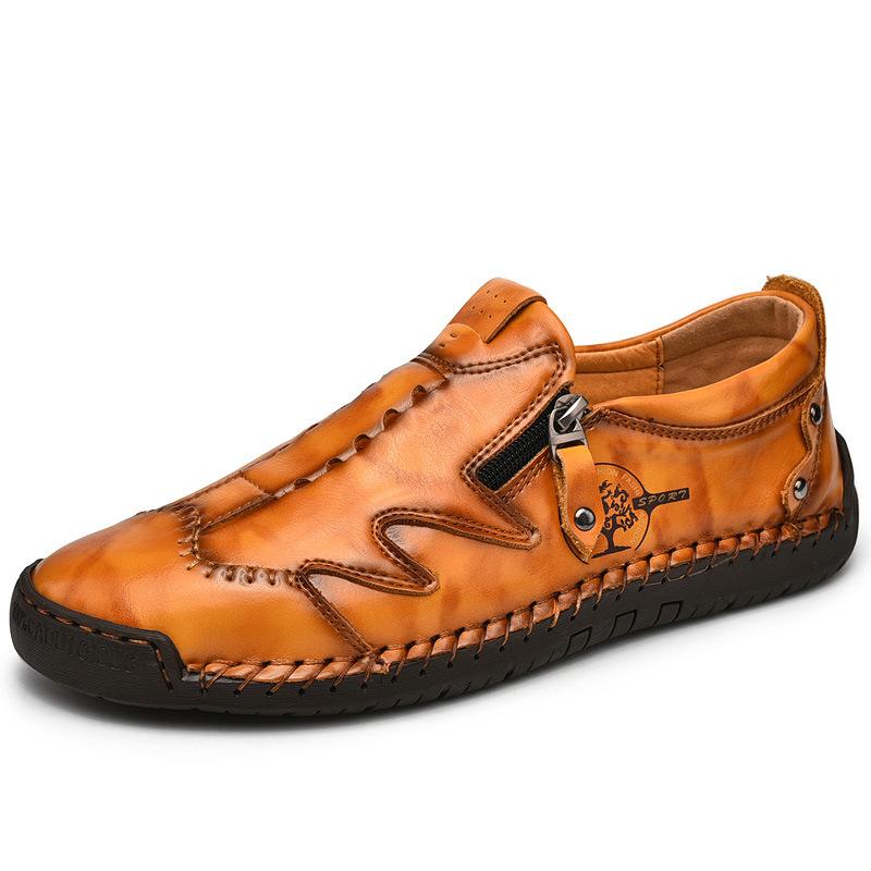 Men Side Zipper Comfy Hand Stitching Casual Leather Shoes