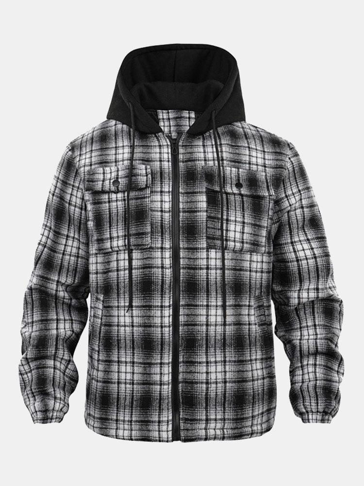 Thickened Jacket Quilted Lined Flannel Hooded Plaid Coat for Men Autumn and Winter