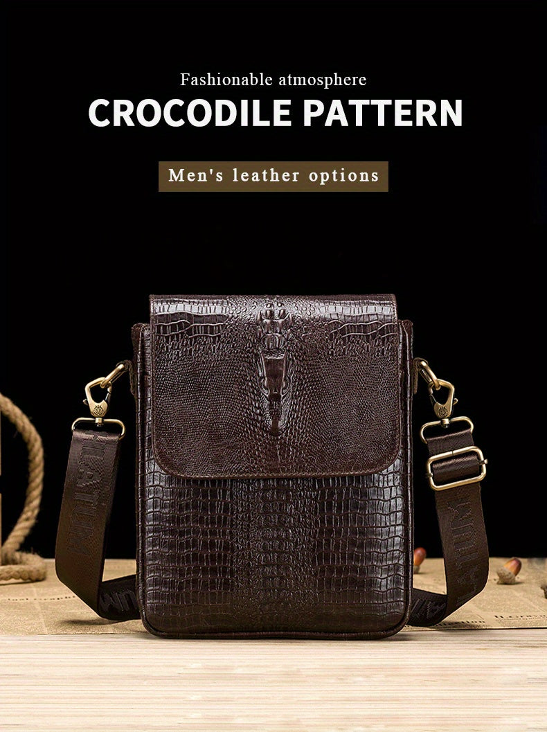 Genuine Leather Men's Crocodile Grain Shoulder Bag Head Layer Cowhide Vintage Men's Crossbody Bag