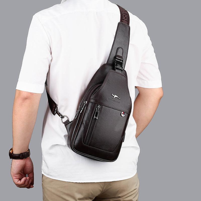 Genuine Leather Mens Sling Pack Shoulder Bag with USB Charging Port