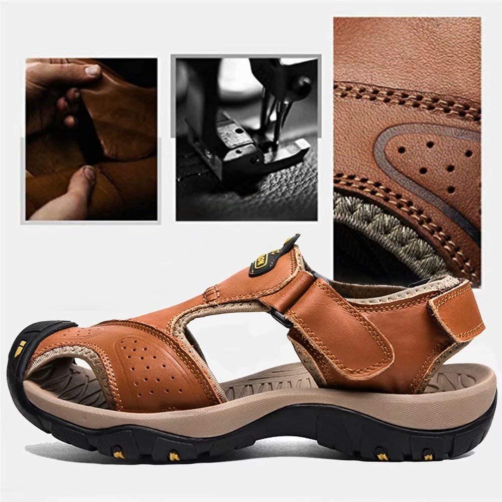 Men's Leather Sandals Outdoor Hiking Sandals Waterproof Athletic Sports Sandals Fisherman's Beach Shoes Closed Toe Water Sandals