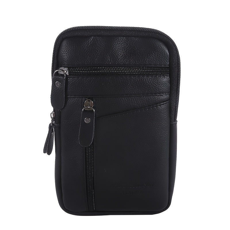 Men's Genuine Leather Crossbody Bag Outdoor Sports Phone Bag, Wearable Belt Waist Bag, Multifunctional Zipper Shoulder Bag