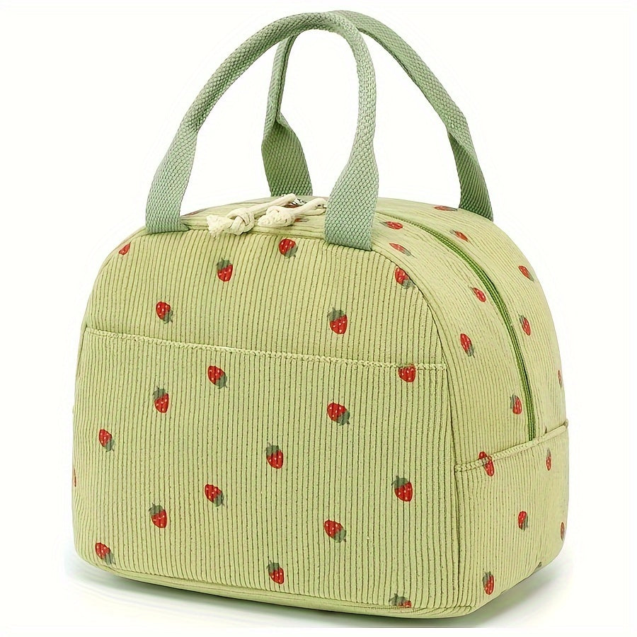 NOVUXY Insulated Corduroy Lunch Bag for Women and Men, Cute Strawberry Design, Reusable Thermal Tote, Large Capacity Cooler for Work, Picnic, Travel - Hand Washable Cylinder Shape Lunch Box