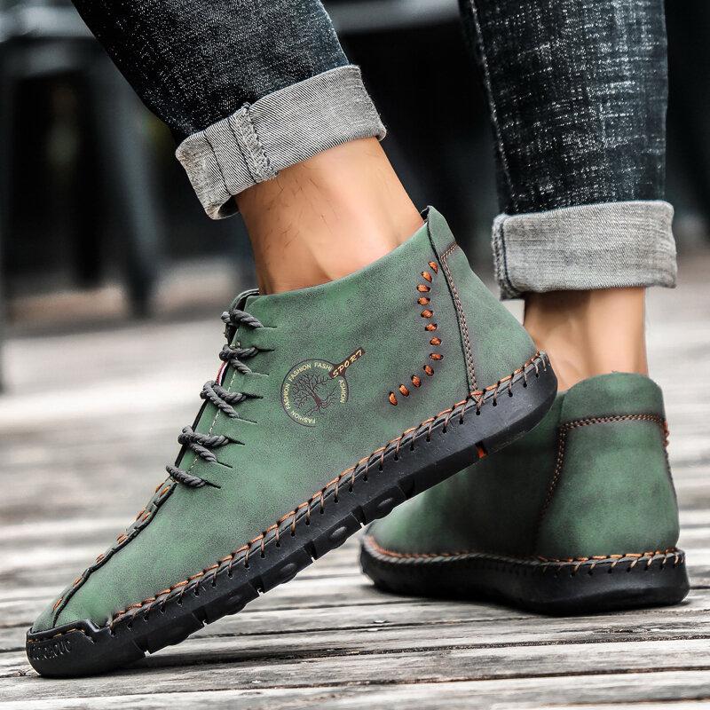 Men Hand Stitching Leather Non Slip Soft Sole Casual Ankle Boots