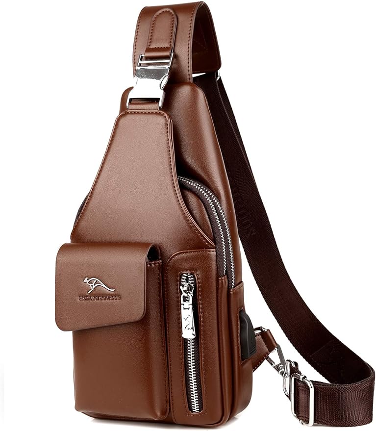 Men's Leather Sling Bag Chest Shoulder Bags Anti-Theft Backpack Purse