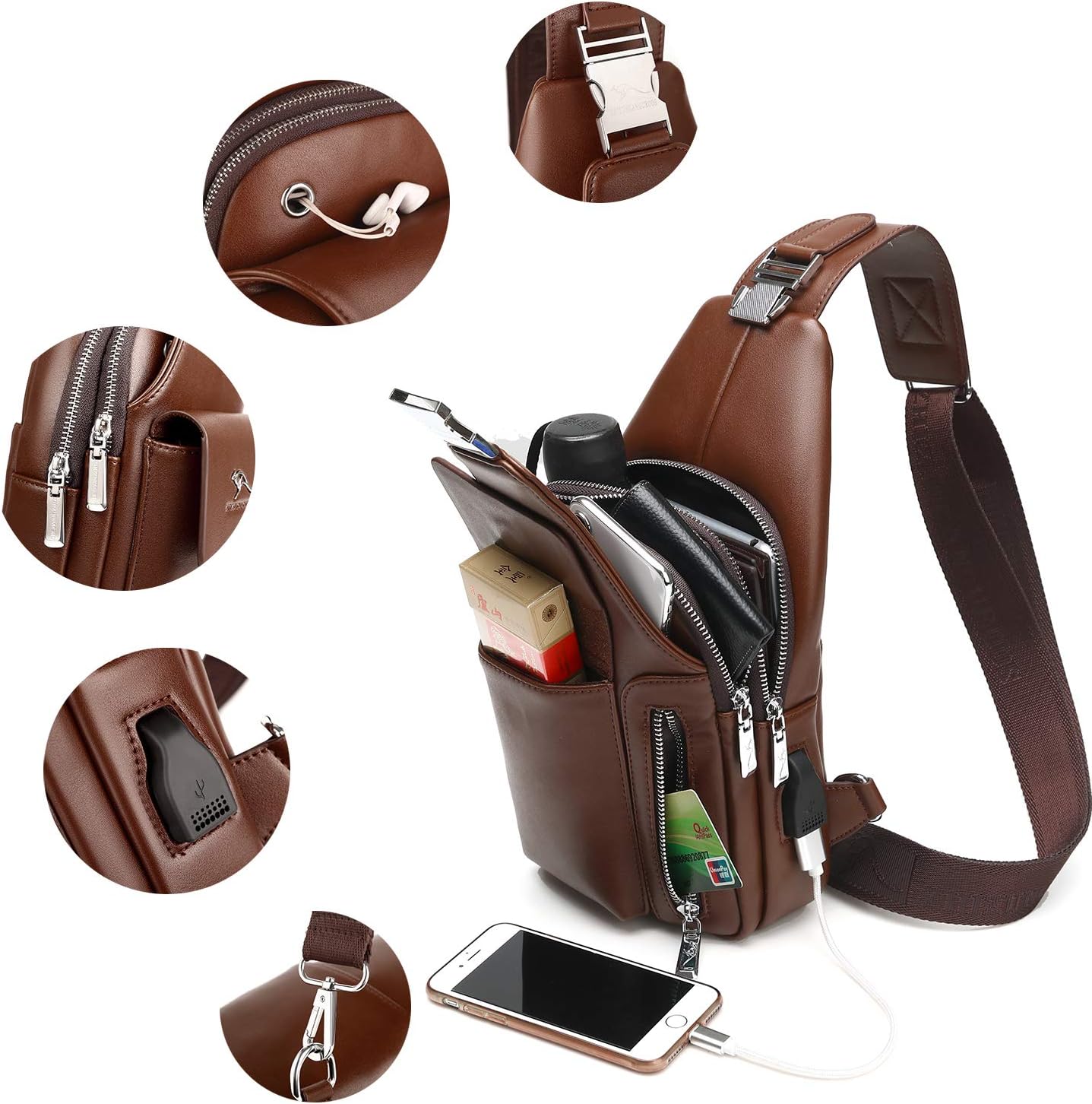 Men's Leather Sling Bag Chest Shoulder Bags Anti-Theft Backpack Purse