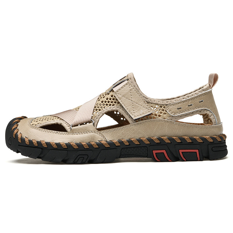 Men's Leather Mesh Breathable Closed-Toe Non-Slip Outdoor Sandals