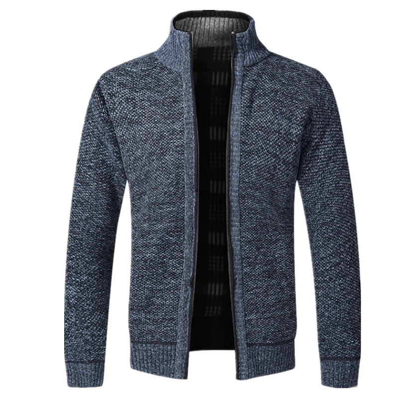 Men's Knitted Warm Slim Fit Stand Collar Zipper Cardigan Sweater Jacket  Flannel Lining