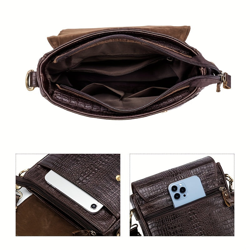 Genuine Leather Men's Crocodile Grain Shoulder Bag Head Layer Cowhide Vintage Men's Crossbody Bag