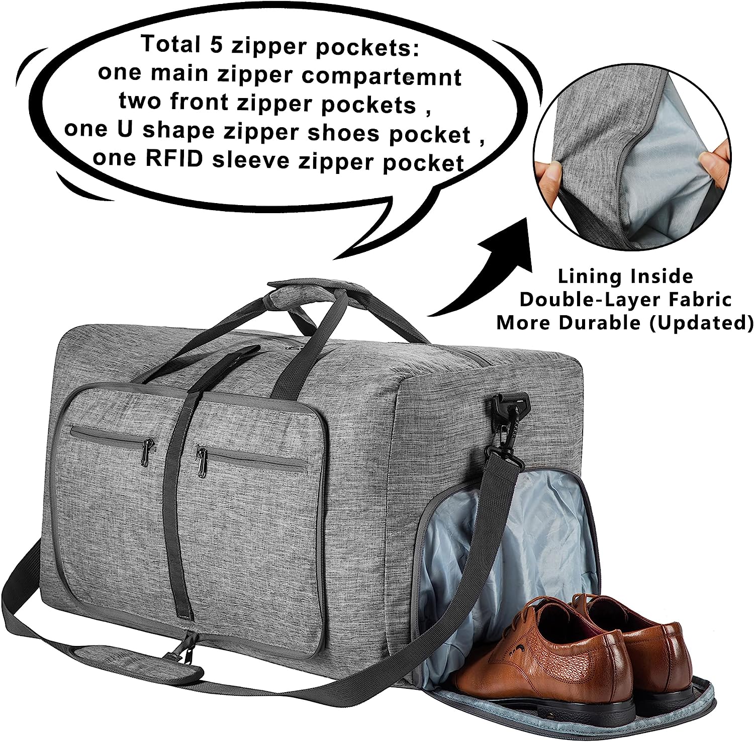 Men's Foldable Travel Duffle Bag with Shoe Compartment Waterproof Ripstop Travel Duffle Bag