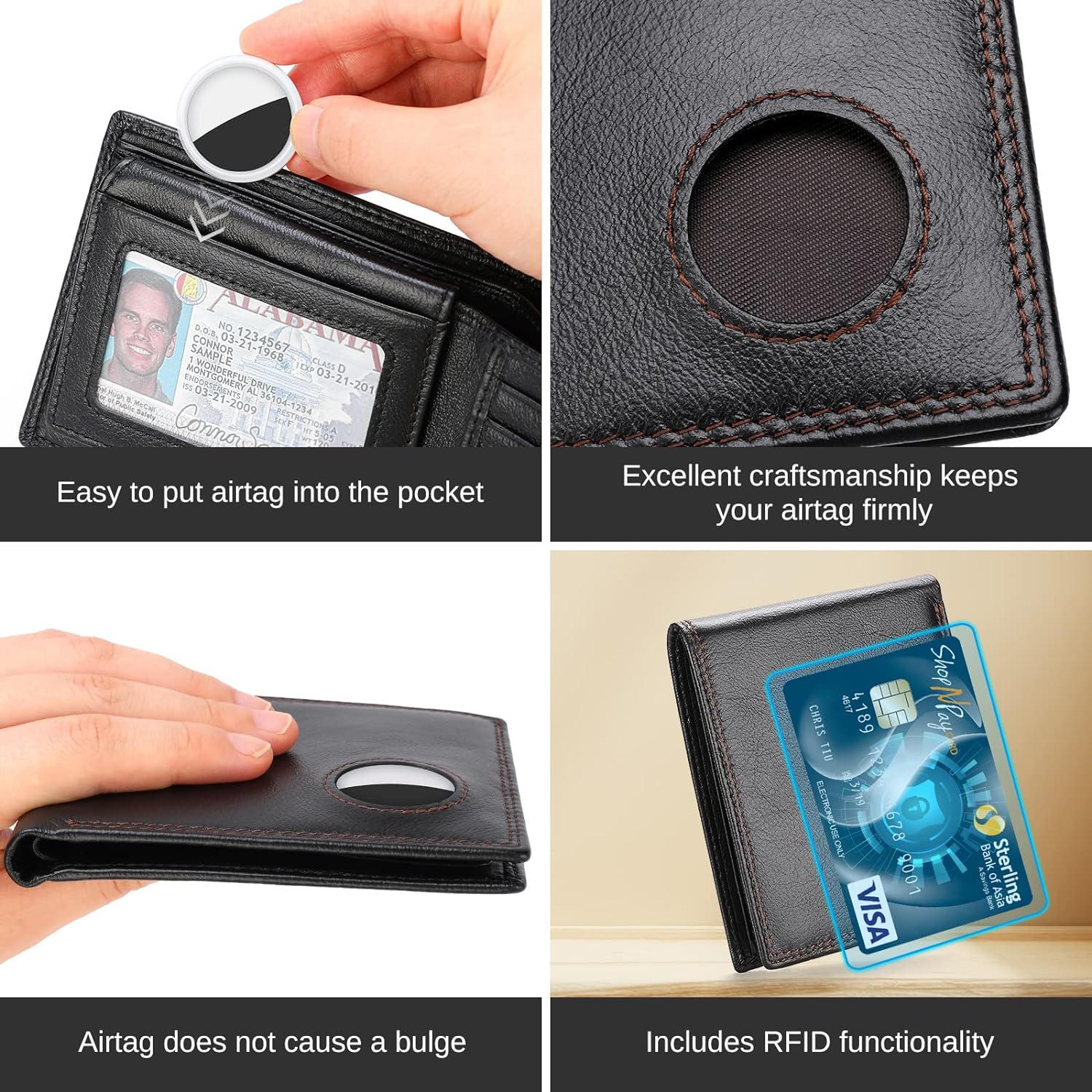 Men Wallet Compatible with AirTag Genuine Leather Bifold Wallet for Air Tag