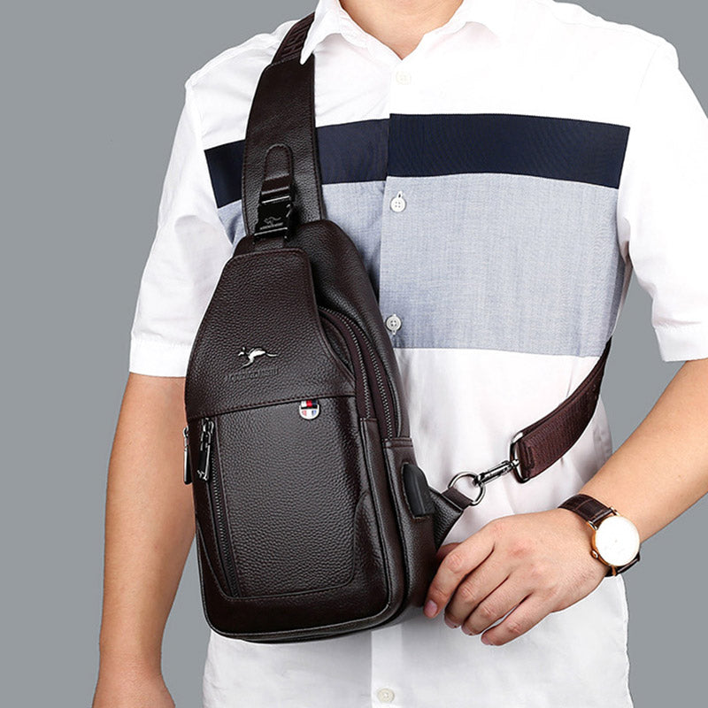 Genuine Leather Mens Sling Pack Shoulder Bag with USB Charging Port