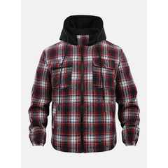 Thickened Jacket Quilted Lined Flannel Hooded Plaid Coat for Men Autumn and Winter