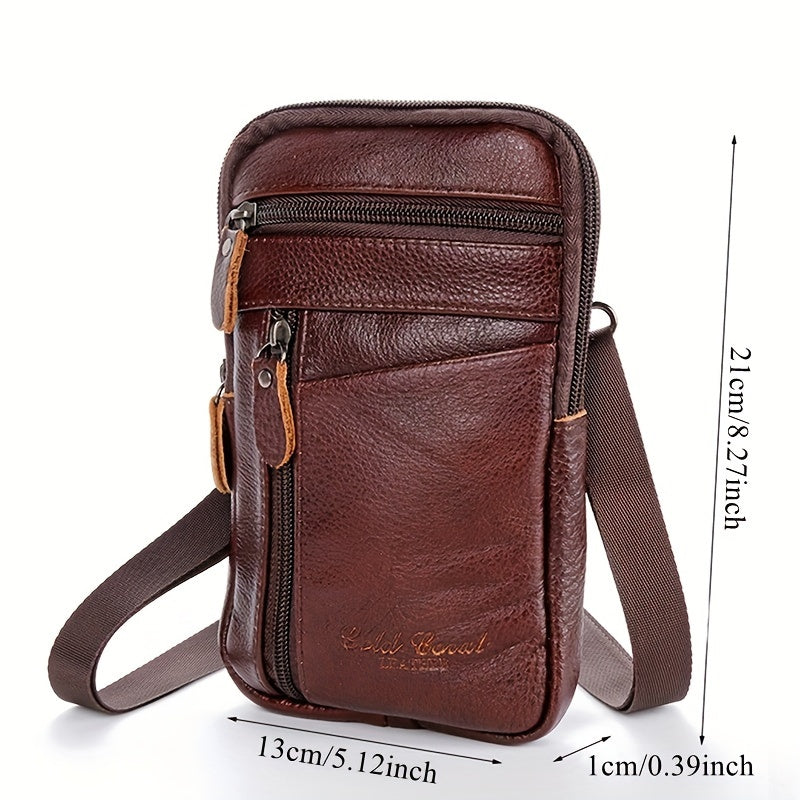 Men's Genuine Leather Crossbody Bag Outdoor Sports Phone Bag, Wearable Belt Waist Bag, Multifunctional Zipper Shoulder Bag