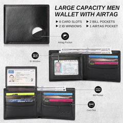 Men Wallet Compatible with AirTag Genuine Leather Bifold Wallet for Air Tag