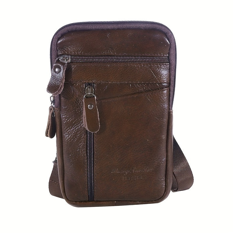 Men's Genuine Leather Crossbody Bag Outdoor Sports Phone Bag, Wearable Belt Waist Bag, Multifunctional Zipper Shoulder Bag