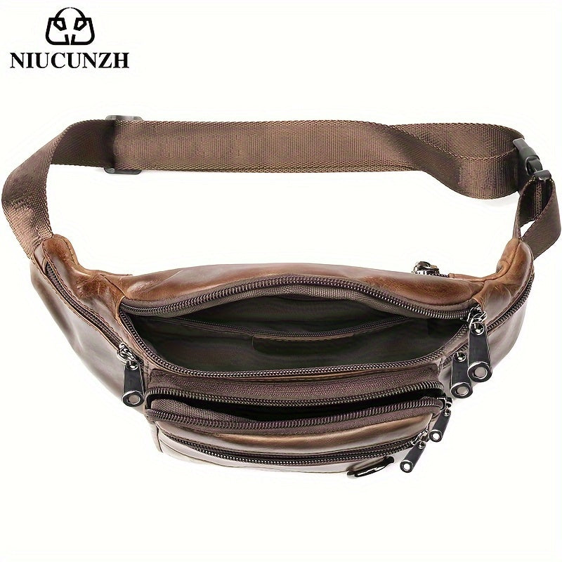 Men's Genuine Leather Multi-Pocket Waist Bag, Multifunctional Sports Shoulder Bag, Casual Top Layer Cowhide Waist Bag