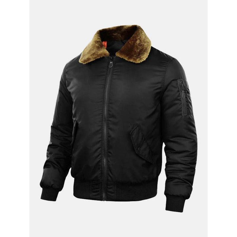 Thickened Quilted Lined Bomber Jacket With Faux Fur Collar Coats