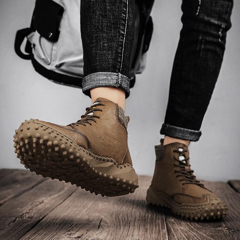 Men Ankle Boots Winter Warm Snow Boots Thick Plush Men Handmade Leather Boots Outdoor Waterproof Work Boots