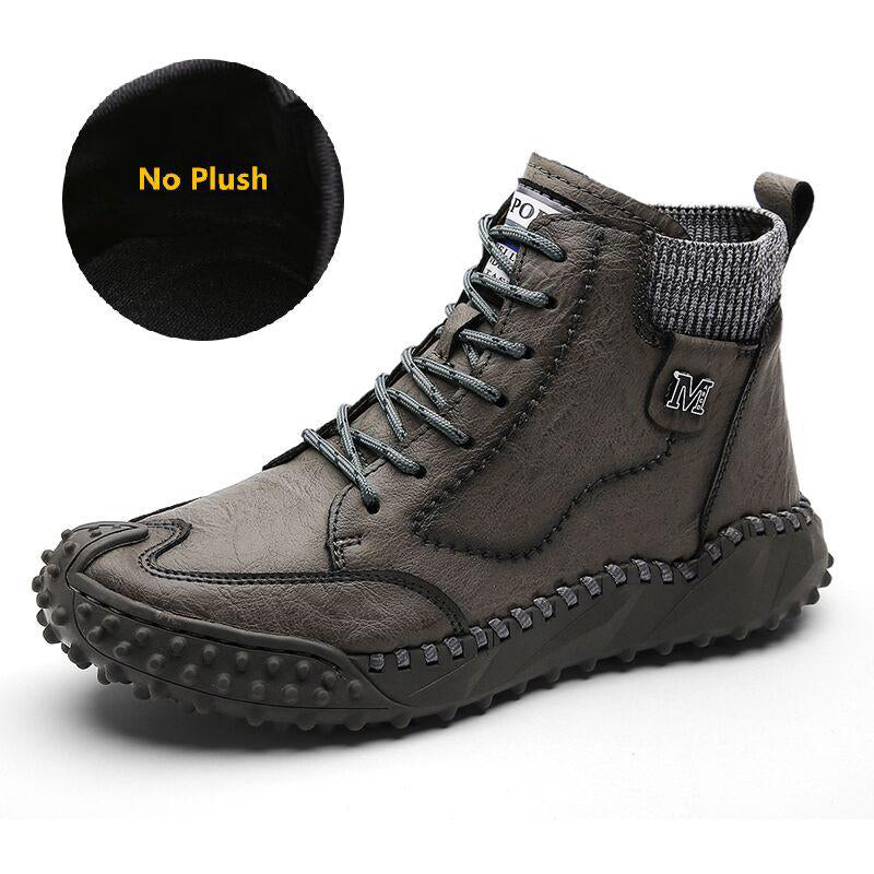 Men Ankle Boots Winter Warm Snow Boots Thick Plush Men Handmade Leather Boots Outdoor Waterproof Work Boots