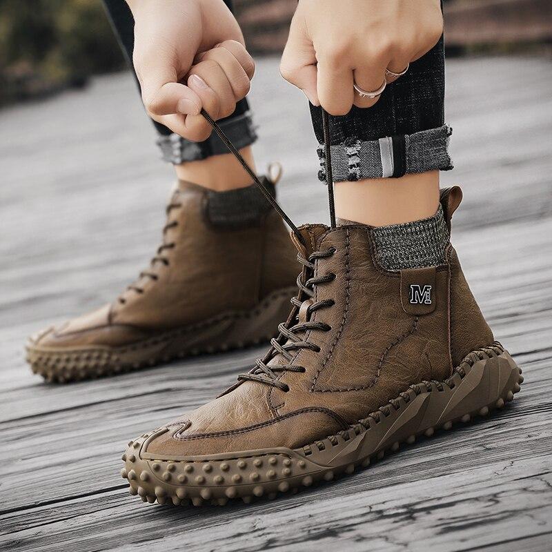 Men Ankle Boots Winter Warm Snow Boots Thick Plush Men Handmade Leather Boots Outdoor Waterproof Work Boots