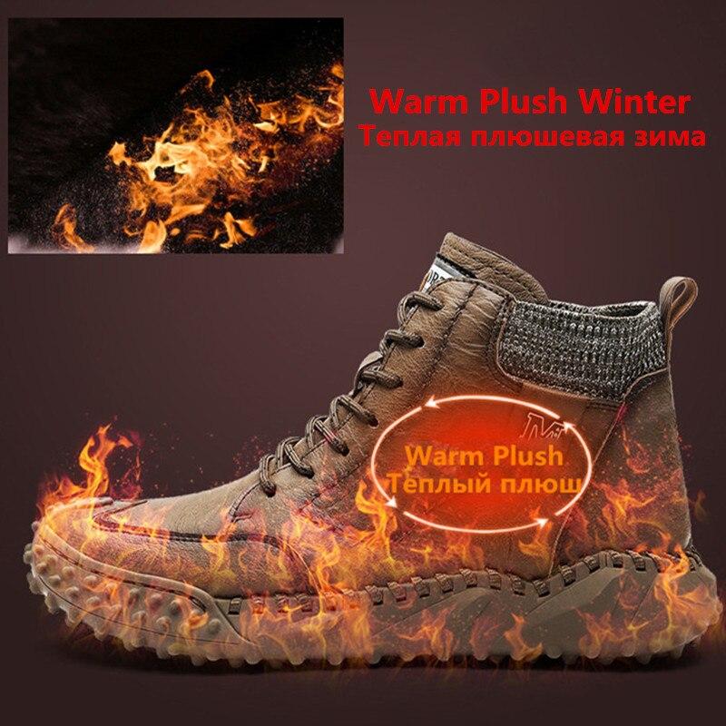 Men Ankle Boots Winter Warm Snow Boots Thick Plush Men Handmade Leather Boots Outdoor Waterproof Work Boots