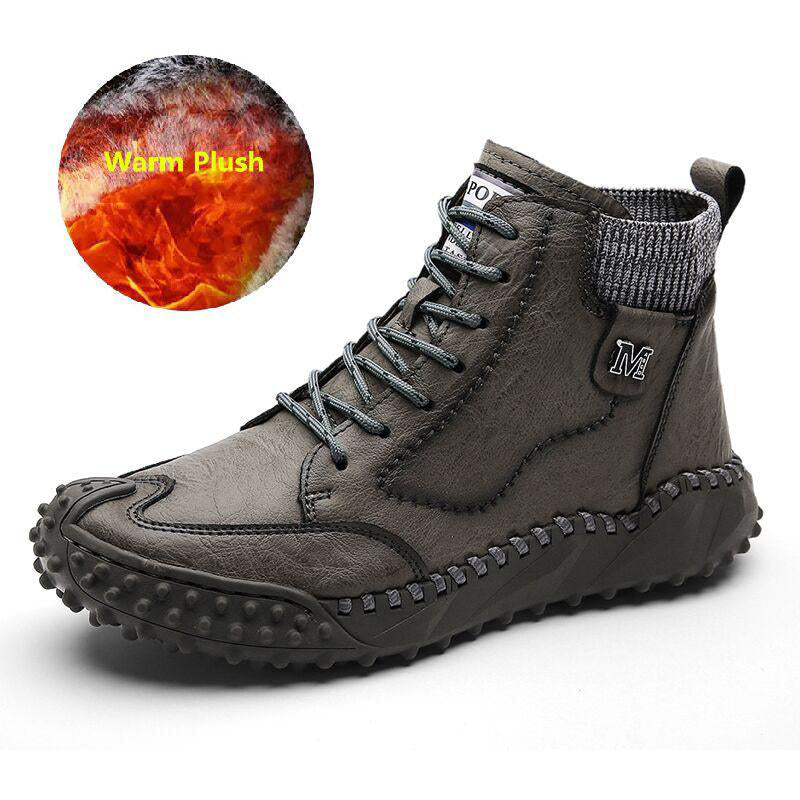 Men Ankle Boots Winter Warm Snow Boots Thick Plush Men Handmade Leather Boots Outdoor Waterproof Work Boots