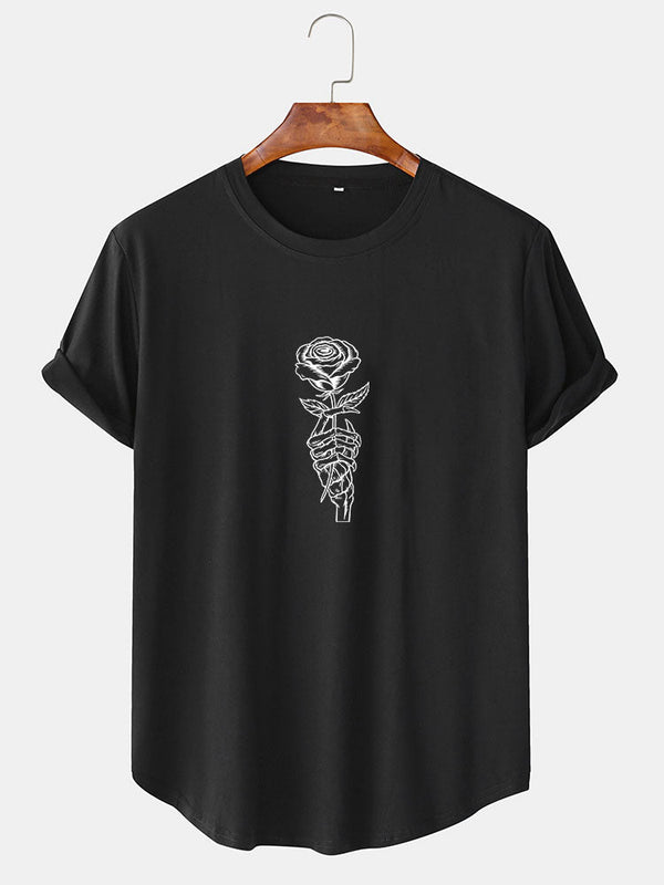 Rose Skull Hand Print Arc Hem T-Shirt