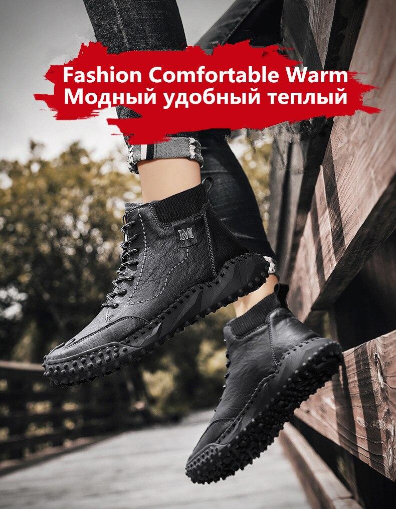 Men Ankle Boots Winter Warm Snow Boots Thick Plush Men Handmade Leather Boots Outdoor Waterproof Work Boots